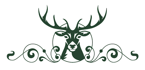 Exeter Lodge logo (a buck deer with large antlers in a fine circle with light swirling embellishments).